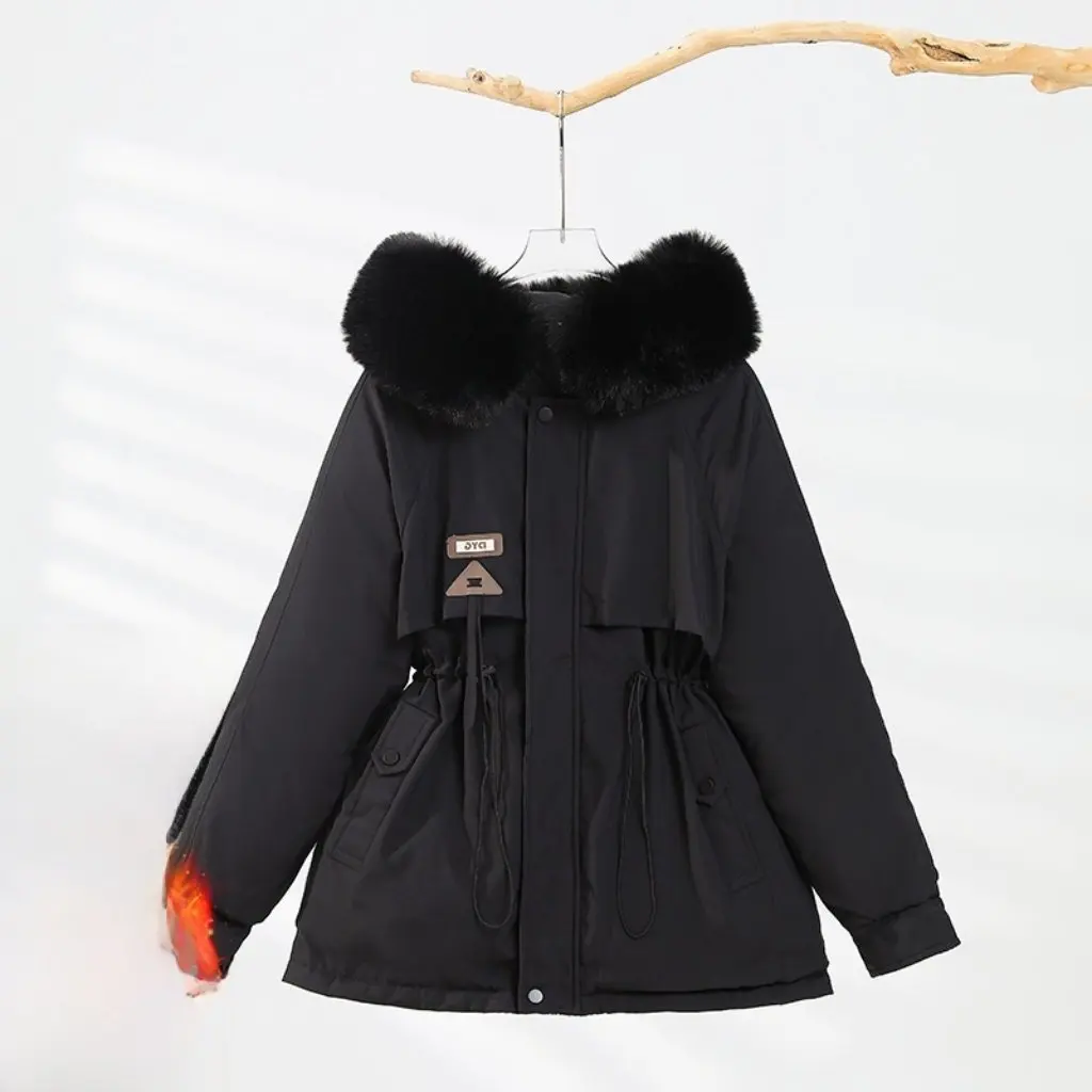 

Women's Thickened Parka Winter Jacket Waist Slimming Hooded Warm Cotton Coat with Large Fur Collar for Students New Style