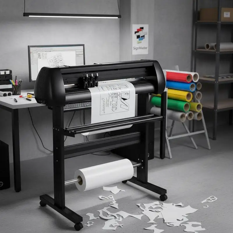 Vinyl-Schneideplotter 720 mm mit SignMaster-Software, Hochpräzisions-Vinyl-Schneidemaschine, LED-Digitalanzeige, USB- und COM-Schnittstelle, fünf Rollen zum Schneiden und Tragenieren.