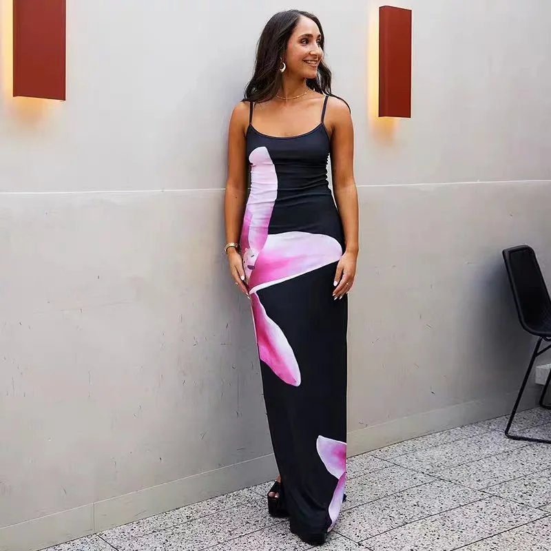 Vestido largo ceñido con tirantes finos para mujer, prenda elegante y Sexy con estampado Floral de lirio, Espalda descubierta, 2024