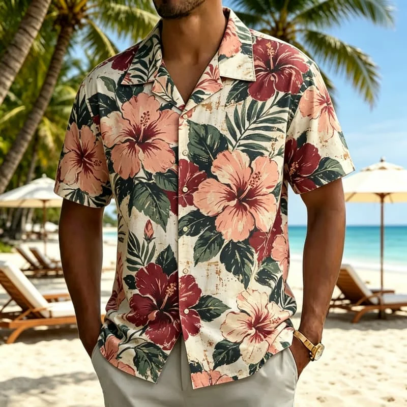 Men's vintage watercolor floral print Hawaiian shirt, suitable for summer holidays, daily wear, and festive events