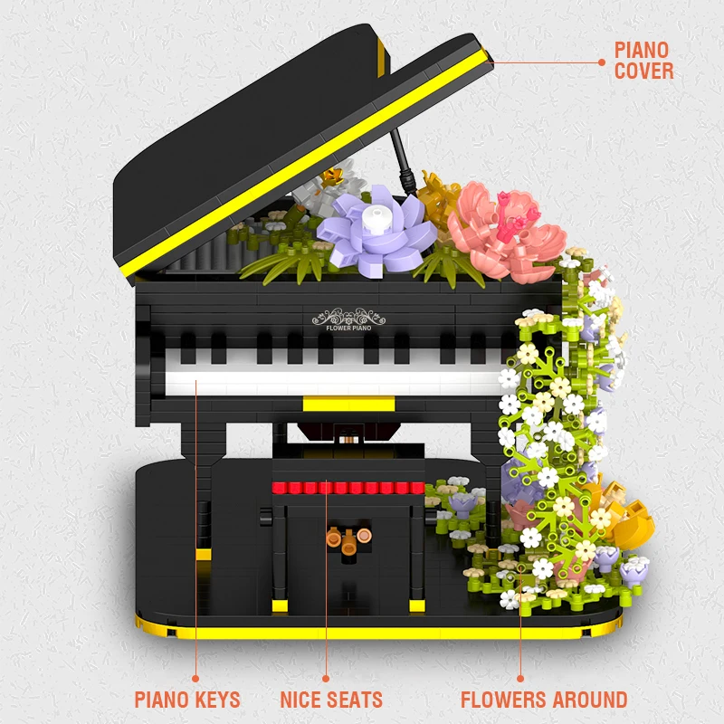 Mini Black Piano Building Blocks Musical Instrument Rose Flower Waterfall DIY Model Bricks Kids Education Toys Birthday Gifts