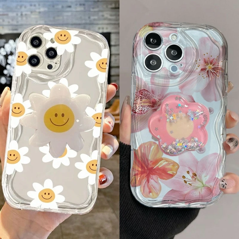 جراب هاتف لهاتف جوجل بيكسل 10 7 8 9 Pro XL 8A سيليكون متموج حافة اللون ثلاثية الأبعاد ابتسامة زهرة قبضة حامل INS غطاء ريترو مضاد للخبط