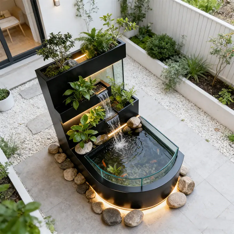 BJ-2 Balcony Stainless Steel Fish Pool Flower Box Metal Water Flow Ornament Outdoor Terrace Courtyard Water View Waterfall