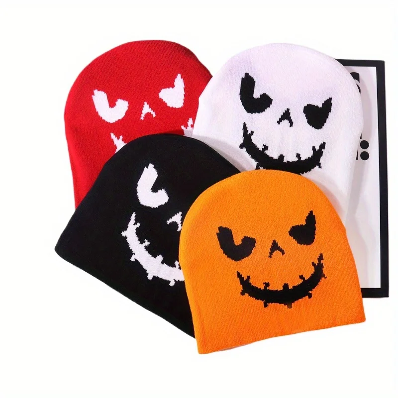 Unisex Pumpkin Face Embroidered Beanie Soft Warm Elastic Knit Hat Coldproof Cartoon Ghost Cap for Halloween Skiing Outdoor Activ