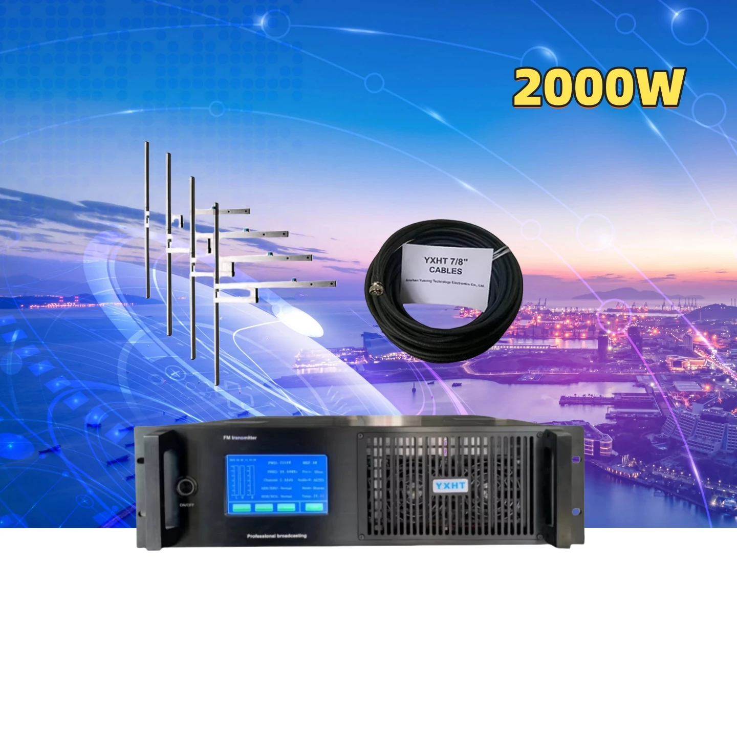 

2KW (2000W) FM Transmitter Complete Kit YXHT-2 (3U) - 4-Bay Antenna + 30M 7/8" Cable (with Connectors) for Radio Station