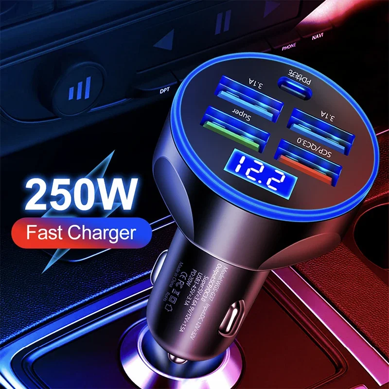 LED Voltage 5 Ports Display Fast Charging Car Cigarette Lighter Car Charger for iPhone 16 15/14/13/12/11 Xiaomi Huawei Samsung