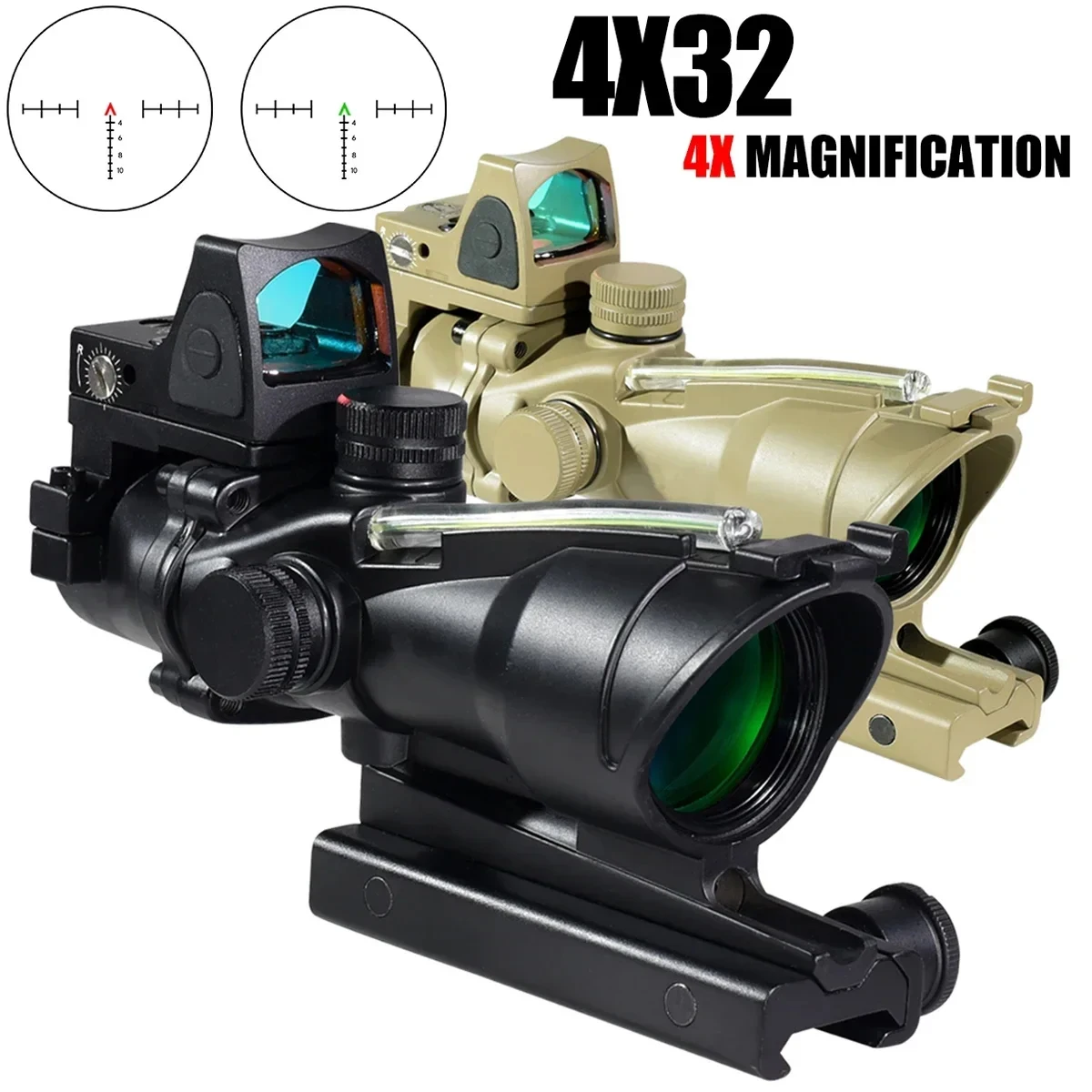 4X32 Red Dot Real Fiber Optics Sight with Red Green Dot Illuminated RifleScope Etched Reticle Reflex Hunting Scope