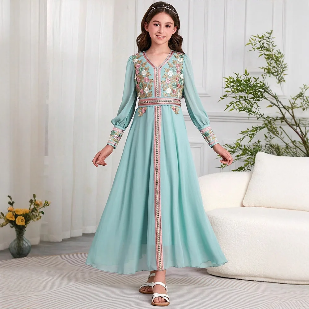 

Morocco Muslim Kids Girls Embroidery Chiffon Maxi Dress Robe Ramadan Eid Djellaba Islamic Clothing Arabic Abaya Turkey Children
