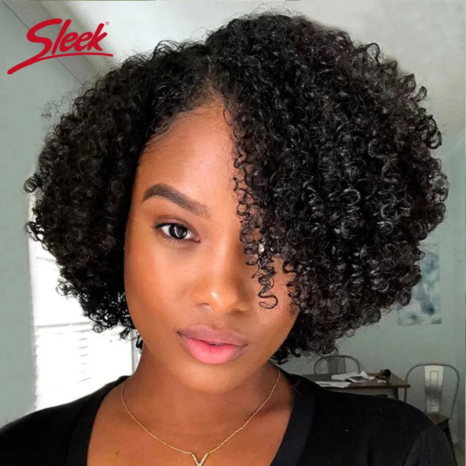 

Brazilian Afro Kinky Curly Bob Hair Wigs Natural Black C Type Lace Part Transparent Sleek Black Dark Remy Hair