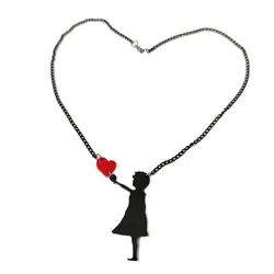 KUGUYS The Girl With Red Heart Pendant Necklace for Women Figure Black Silhouette Jewelry Acrylic Cute Accessories