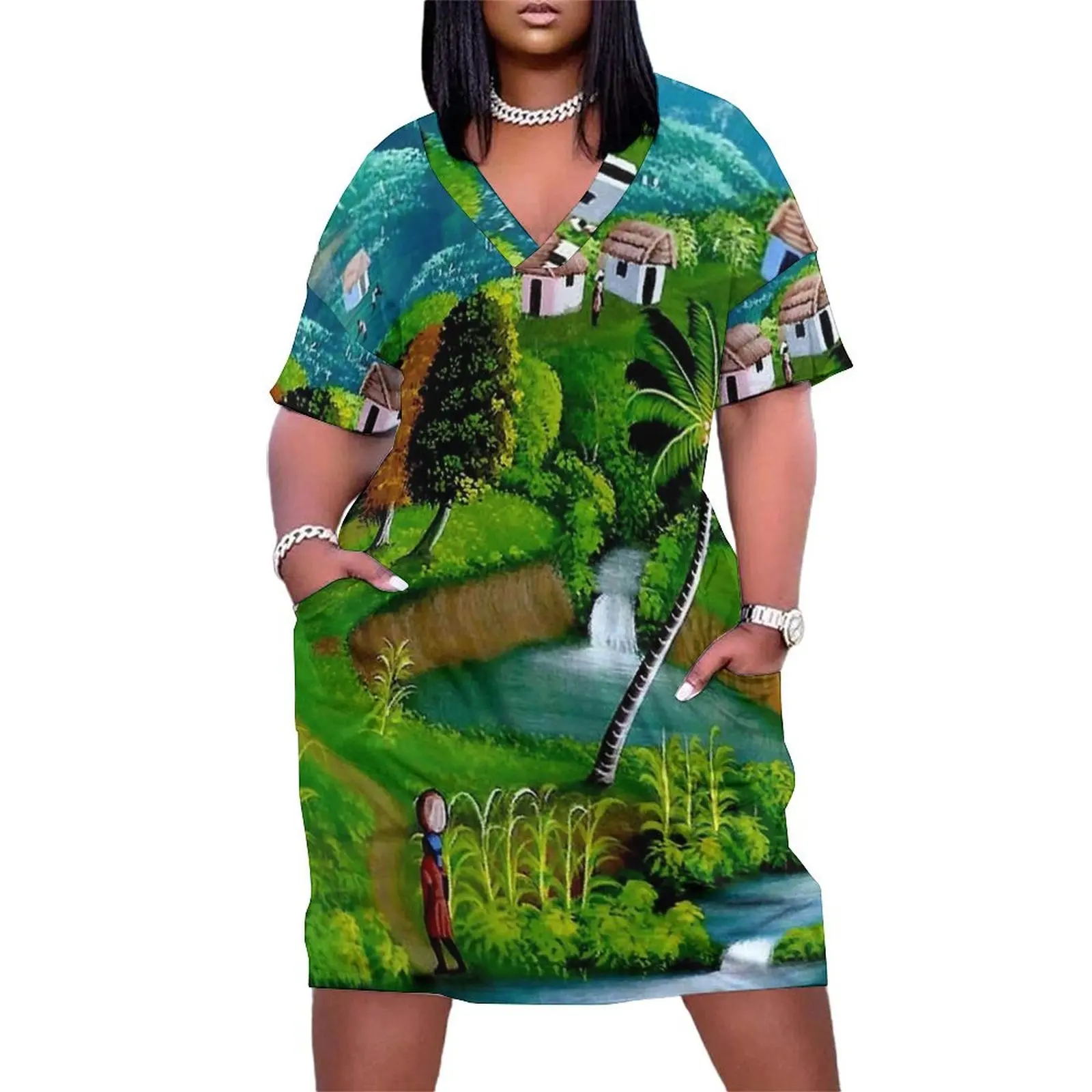 

HAITI : Vintage Village Travel and Tourism Advertising Poster Loose Pocket Dress women's summer jumpsuit women's fashion dresses