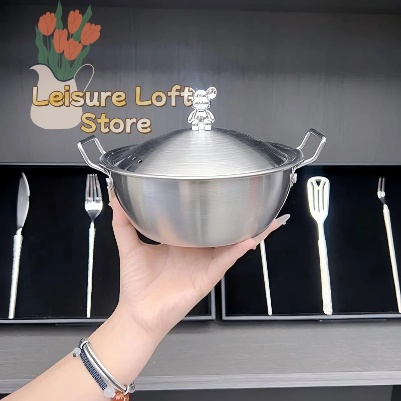 Rice Wine Bowl 201 Stainless Steel Double Ear Handle Lightweight Easy Carry For Outdoor BBQ Family Dinner