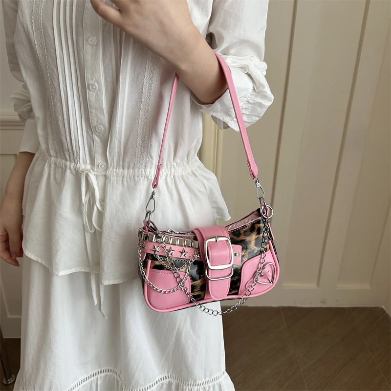 Y2K Chains Armpit Bag Retro Leopard Pattern Shoulder Bags for Women Vintage Style Handbag Purse Sweet Girl's Zipper Underarm Bag
