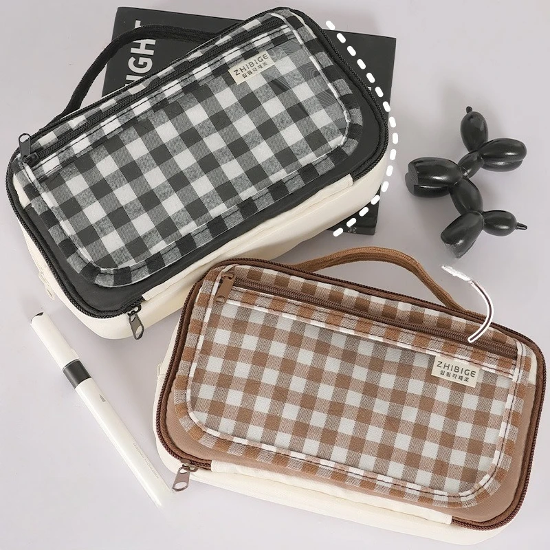

Multifunctional Magnetic Checked Pencil Bag Storage Bag Portable Large Capacity Multi-layer Portable Storage Bag