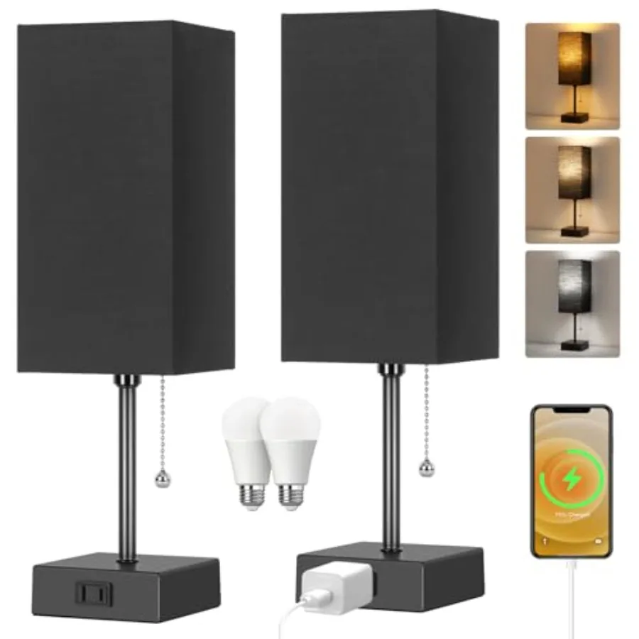

Table Lamp for Bedroom set of 23-Color Bedside Lamps with Pull Chain Table Lamps for Nightstand with AC Outlets Night Light Lam