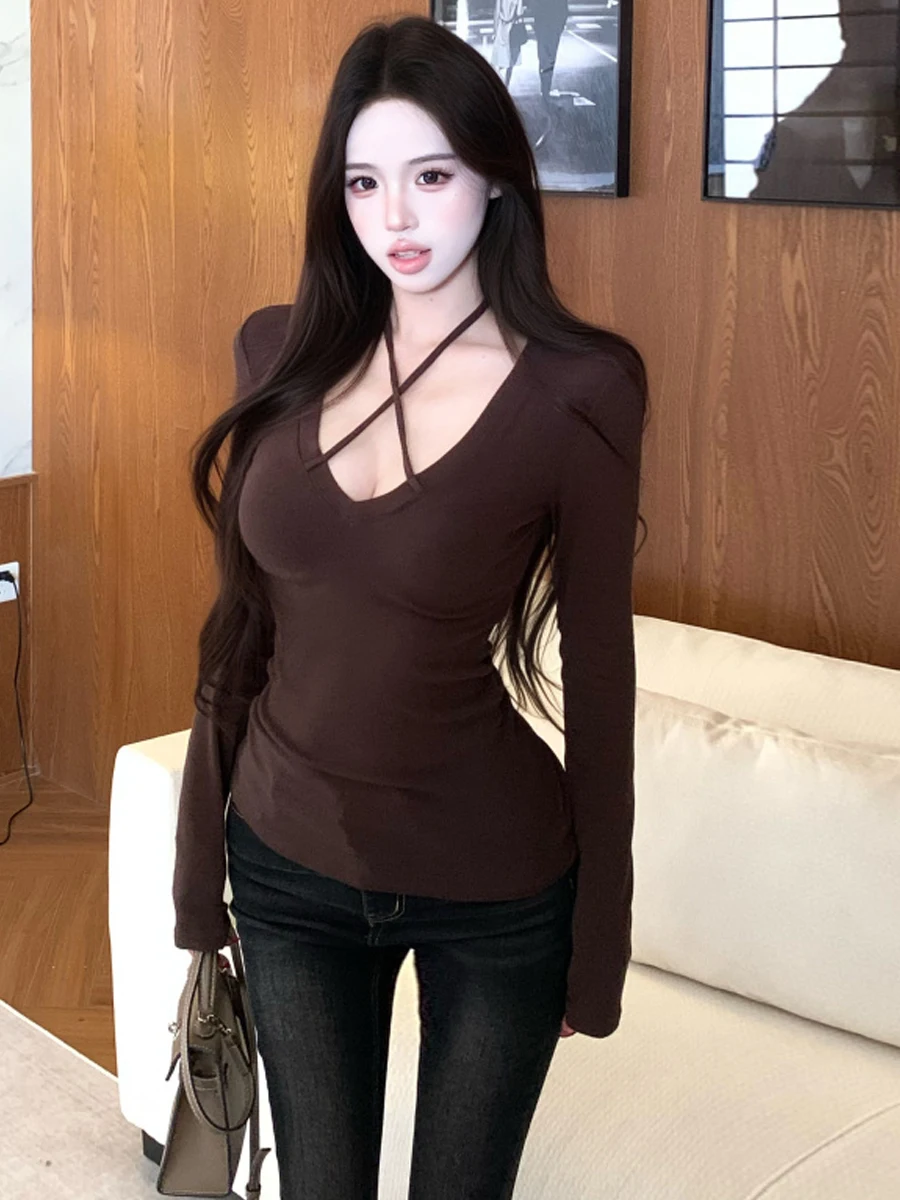 Sexy American Style Long Sleeve Low Cut V-Neck Pullover Hollow out Slimming Base Layer Top for Young Women in Autumn