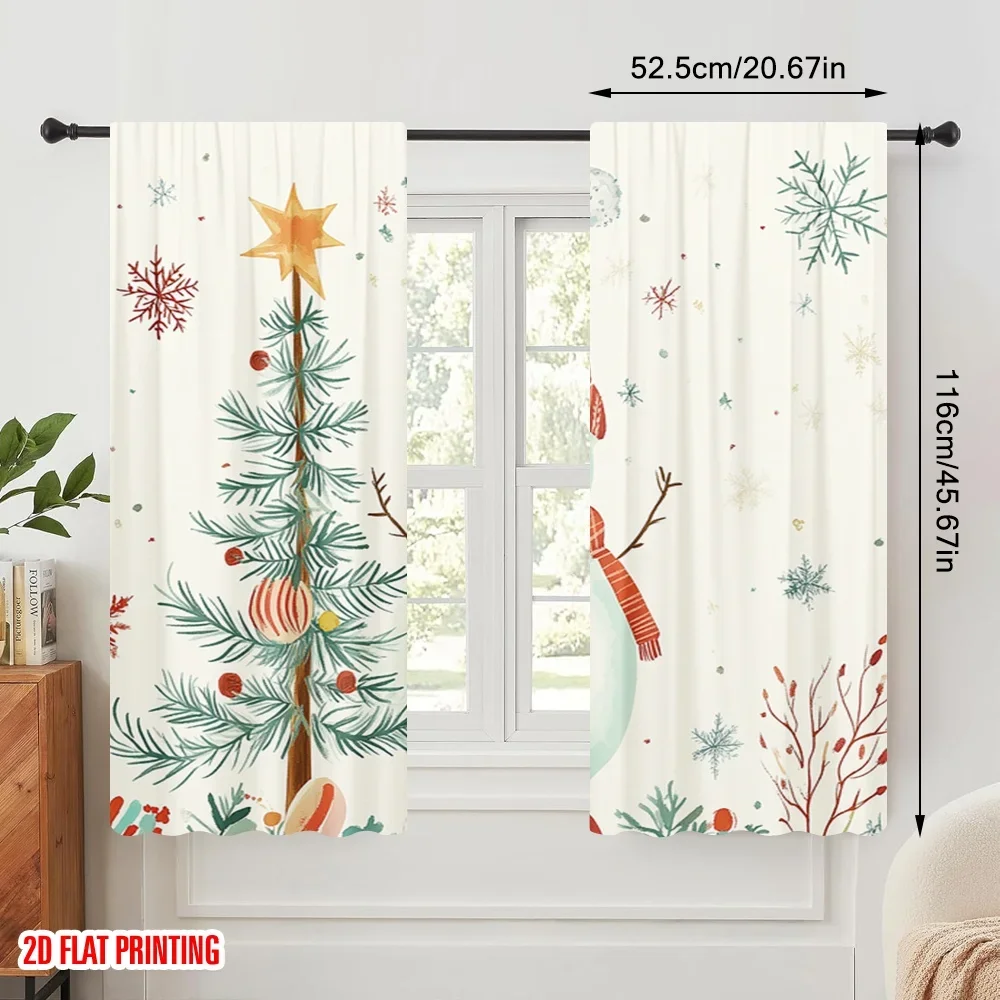 2pcs,2D plane printing Curtain Fabric Festive Snowman Christmas Tree (2) Versatile Polyester (without rod) Home Decor Use for