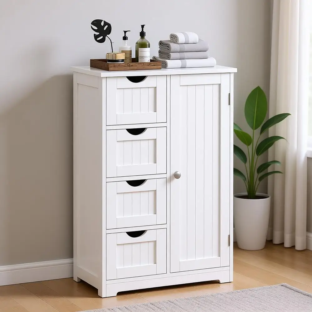 

4-Drawer Storage Cabinet, Bathroom Organizer with Cupboard and Adjustable Shelves, Anti-Tip Floor Cabinet, White Entryway Storag