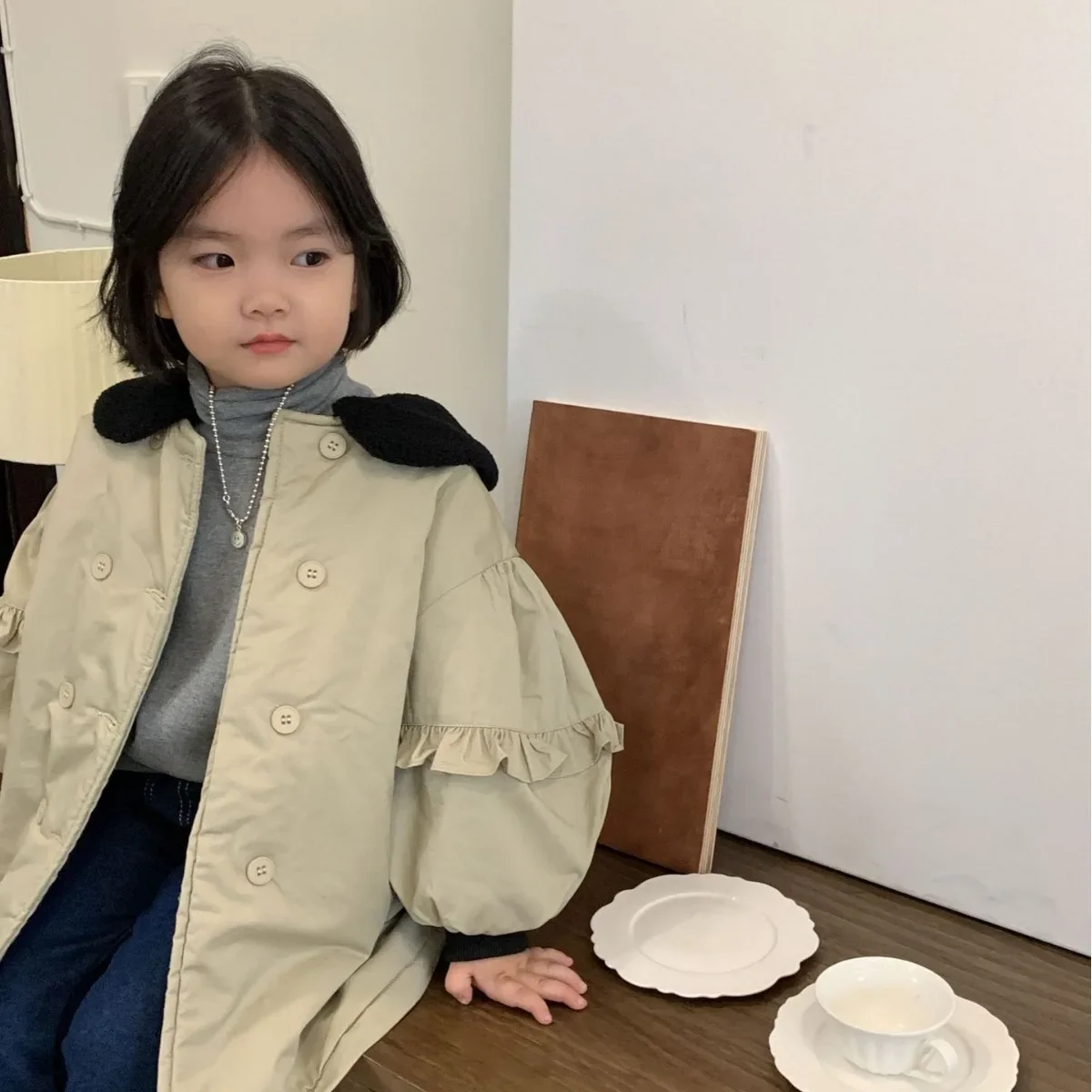 

Children Coat 2023 Winter New Korean Style Children Advanced Foreign Style Plus Cotton Thickened Lace Sleeve Girl Blouse