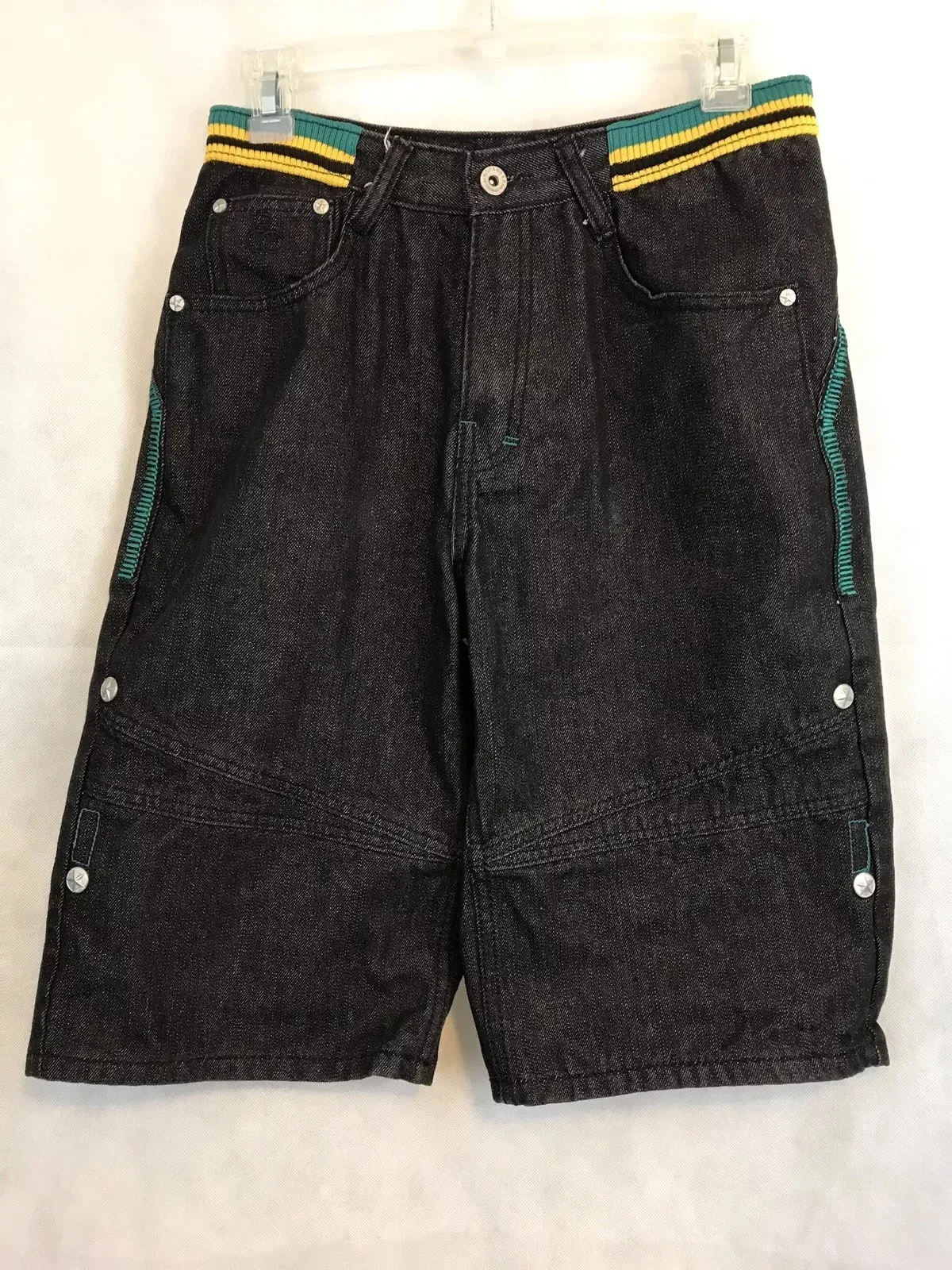 Pantalones cortos de mezclilla negros Y2K, Jeans bordados de retazos de la industria pesada americana, pantalones cortos de diseño de estilo callejero Harajuku Hip-Hop