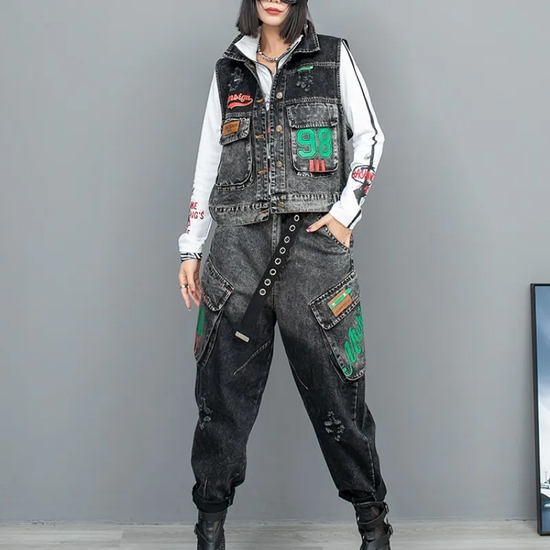 

2024 Spring Summer New Fashion Cool Personality Distressed Printed Denim Lapel Vest + Harem Pants Two-piece Set Women LX284