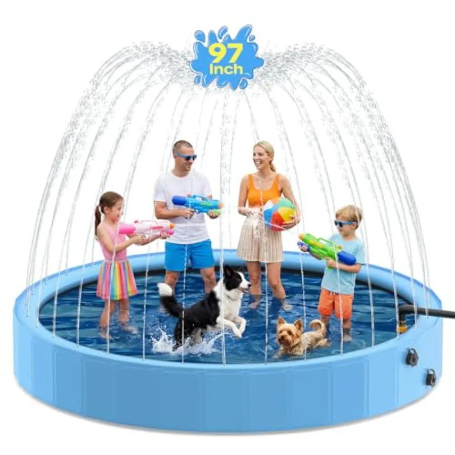 97'' Dog Pool with Sprinkler for Outdoor Backyard Use, Heavy Duty Hard Plastic, Blue, Foldable Non-Slip 2-in-1 Swimming Pool fo