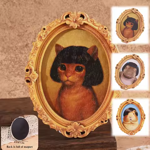French Court Classical Carved Oval Photo Frame Refrigerator Sticker, Funny Wig Cat, Hippopotamus, Hamster Wooden Fridge Magnet