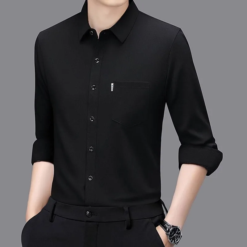 Camisa masculina de chiffon de manga comprida de alta qualidade com bolso cor sólida nova camisa versátil na primavera outono