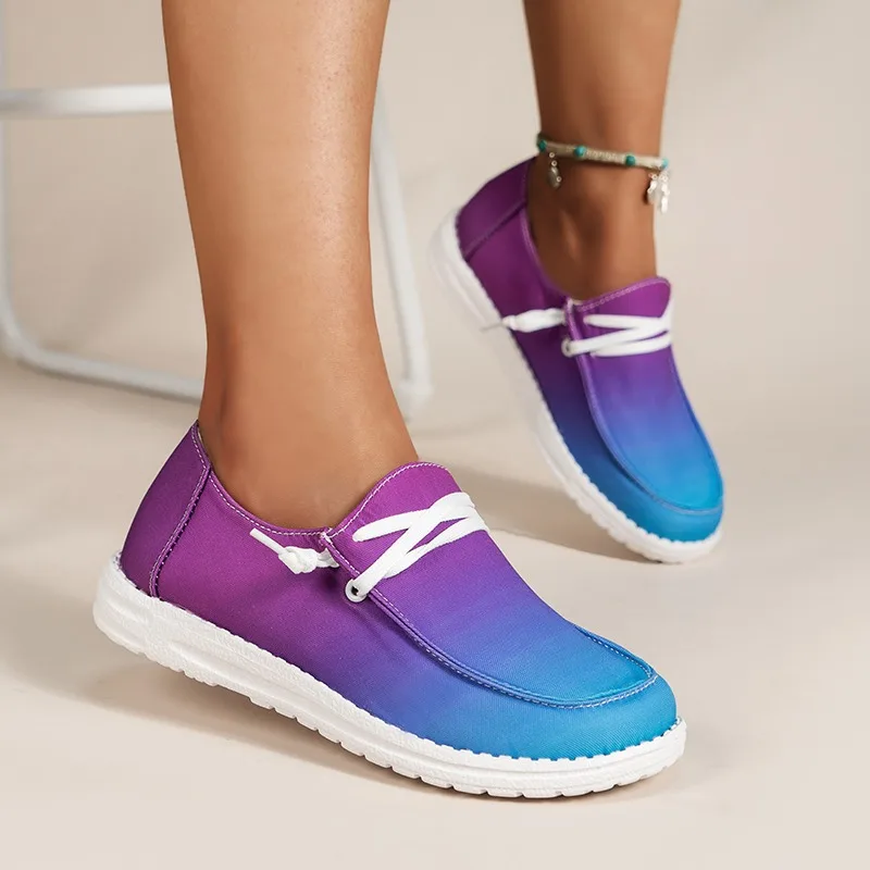 Tênis feminino com cadarço de salto baixo, sapatos baixos casuais, combinando cores graduais, tendência confortável, sapatos simples, novo, verão