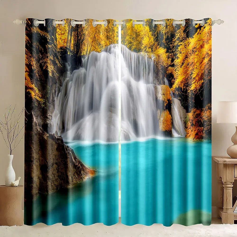 Forest Waterfall Theme Window Curtain Jungle Autumn Red Maple Leaves Stream Trees Nature Scene Print Blackout Window Curtains