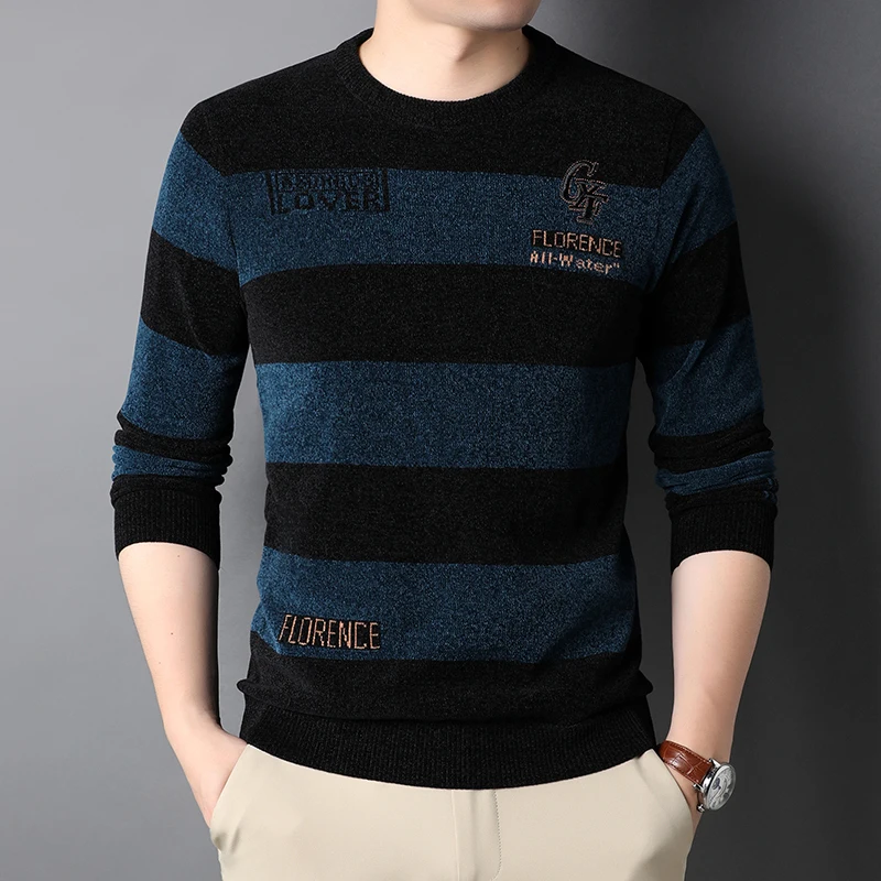 DILEMO Knit Crew Pullover Men Top Quality Thick Warm New Autum Fashion Brand Solid Striped Sweater Winter Casual Mens Clothes