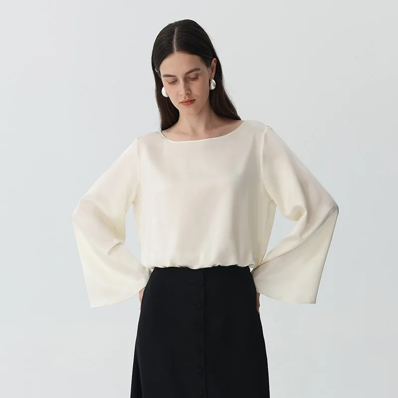 2026 New Summer Luxury Women 22 Momme Mulberry Silk Charmeuse Blouse Long Bell Flare Sleeve Solid Elegant Ladies Office Tops