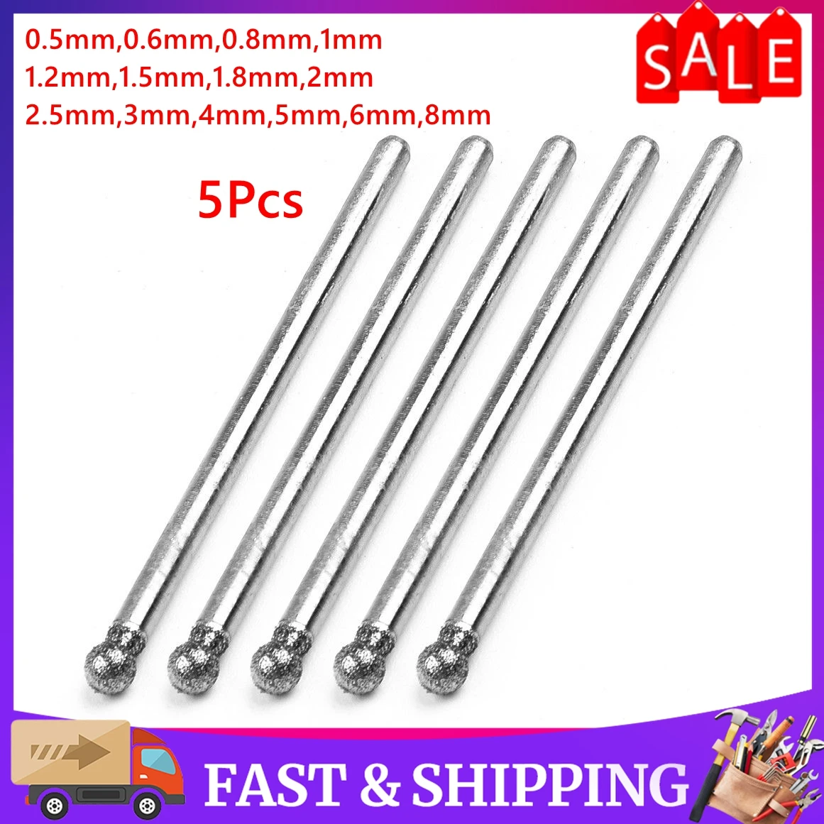 

5Pcs 0.5mm-8mm Dia-mond Round Burring Sanding Drill Bit Cutting Grinding Head 2.35mm Shank For Rotary Tool Electric Grinder Part