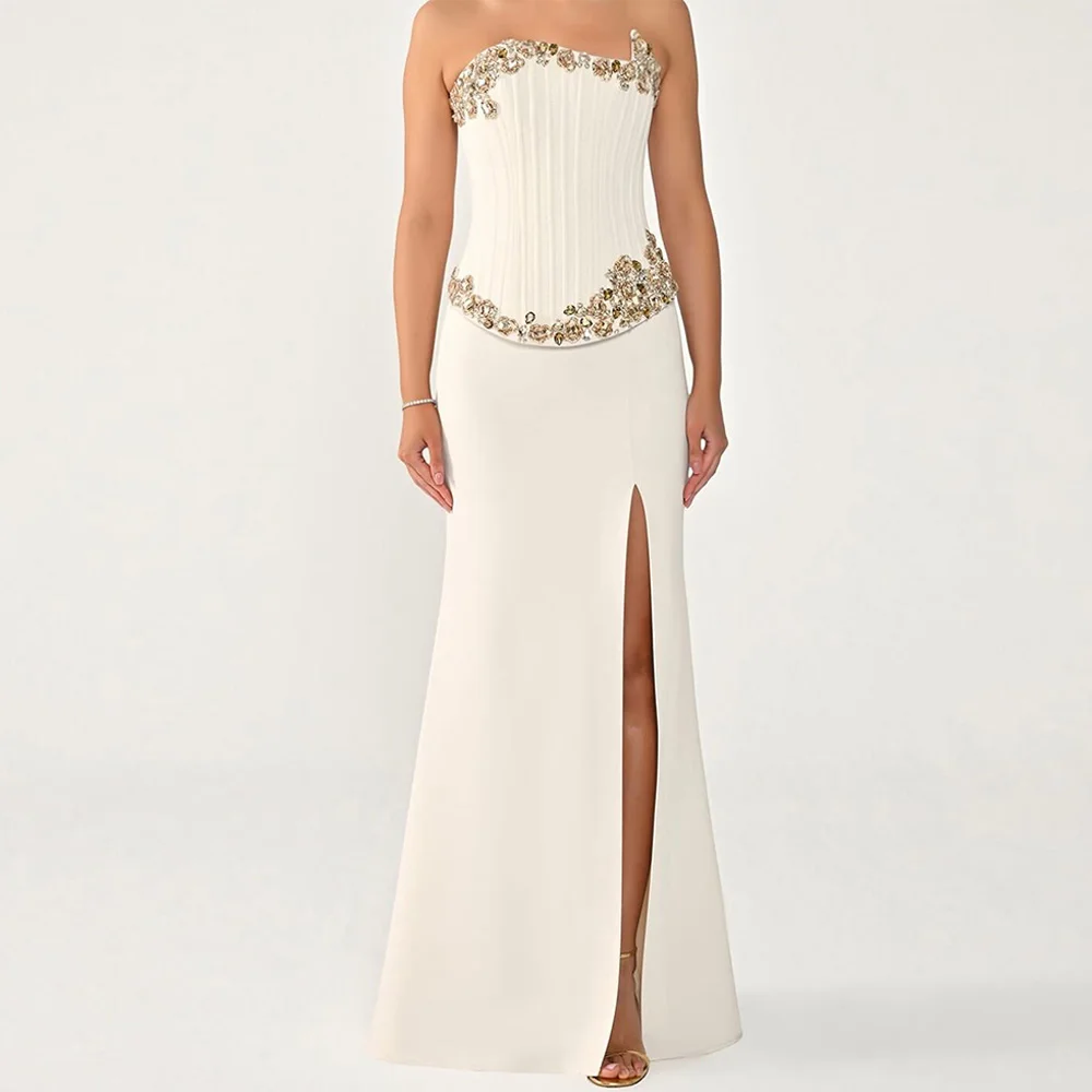 Vestido de Festa Tomara que Caia com Fenda Lateral, Estilo Celebridade, Requintado, Personalizado com Cristais, em Jersey de Alta Qualidade