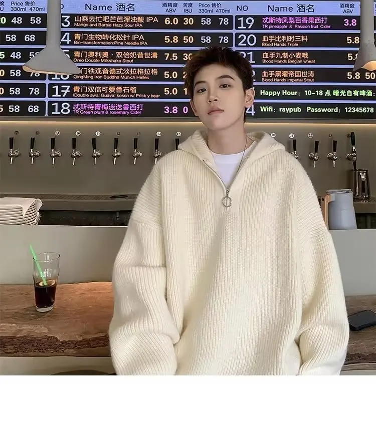 2025 خريف جديد الكورية الرجال نصف البريدي معطف بقلنسوة الشتاء اليابانية موضة Harajuku فضفاض محبوك بلوفرات مقنعين عادية