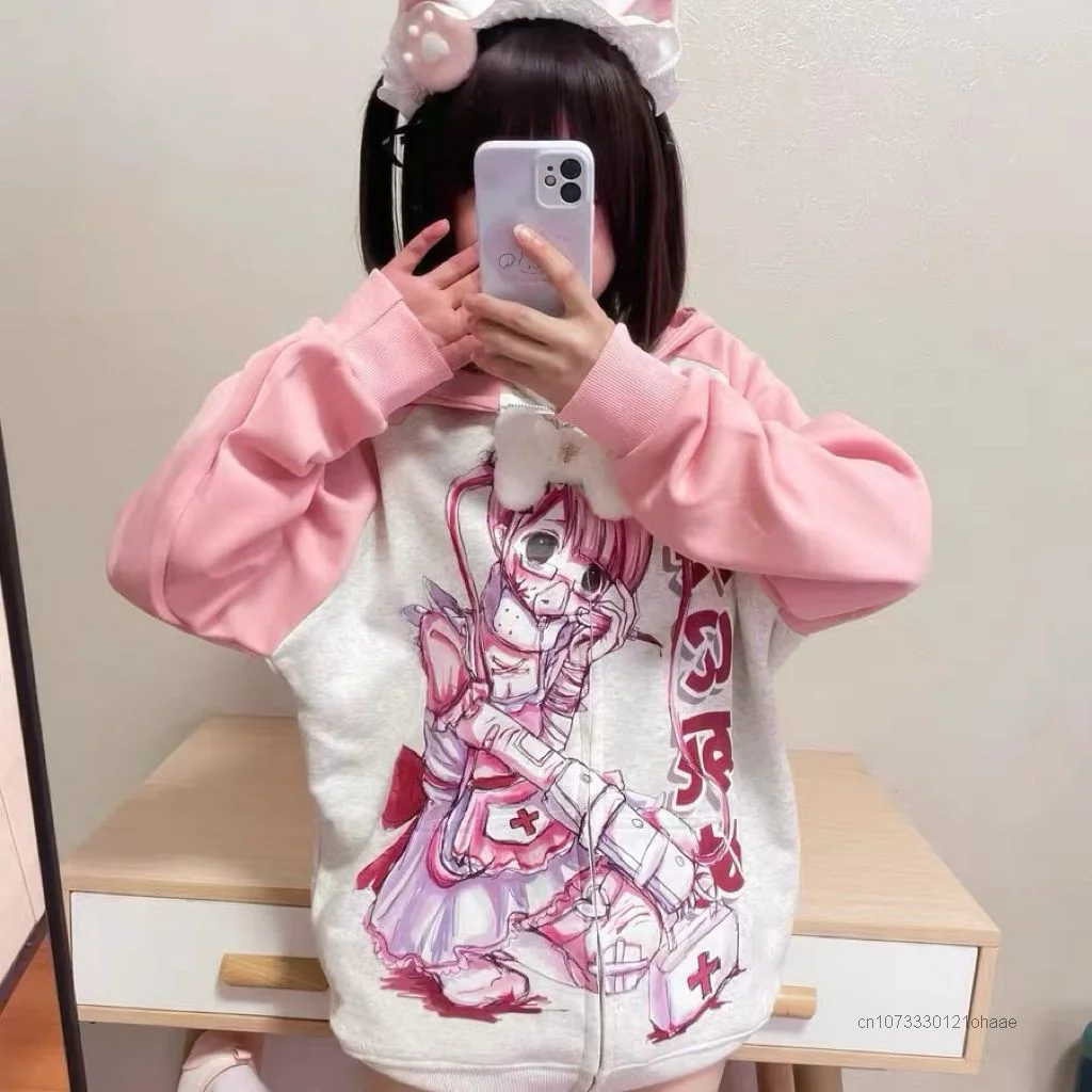 Anime Harajuku Color Blocking Long Sleeve Hoodies Y2k Japanese Style Spring Cute Zipper Shirts Hooded Women Jacket Comic Tops