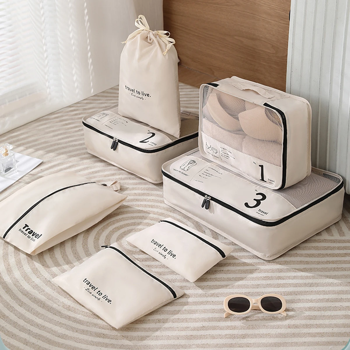 7 Pcs Minimalist Simple Letters Pattern Packaging Cubes, Lightweight Versatile Luggage Bag Set