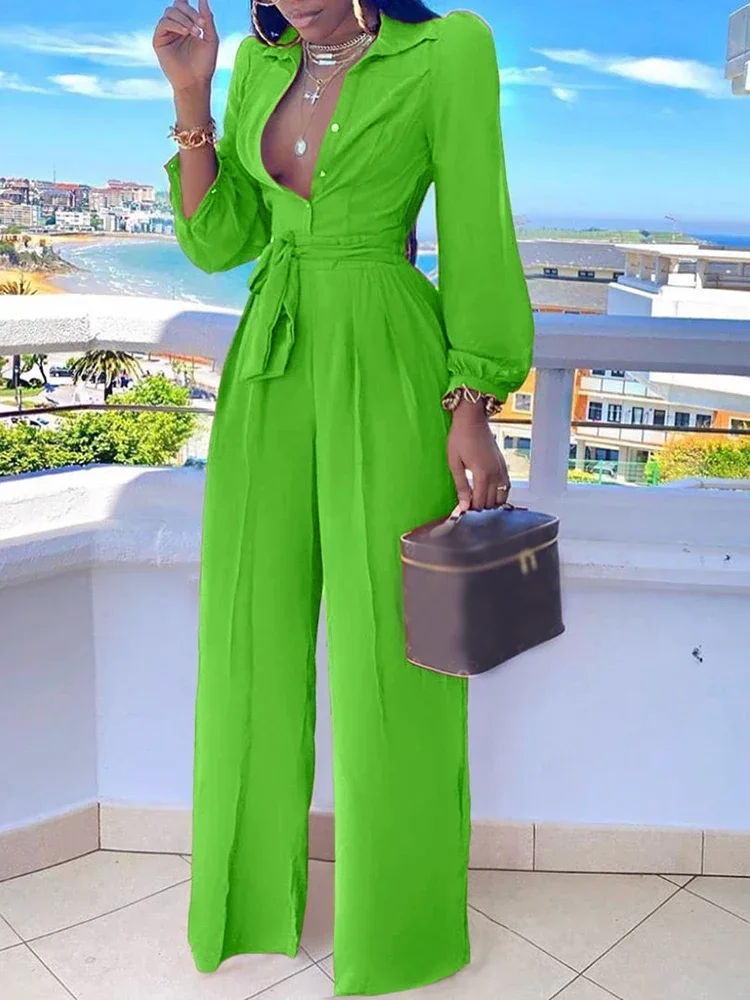 

2024 New Fashion Casual Jumpsuit for Women Spring Summer Solid Color Lace Up Shirt Collar Two-Piece Suit Jumpsuits Office