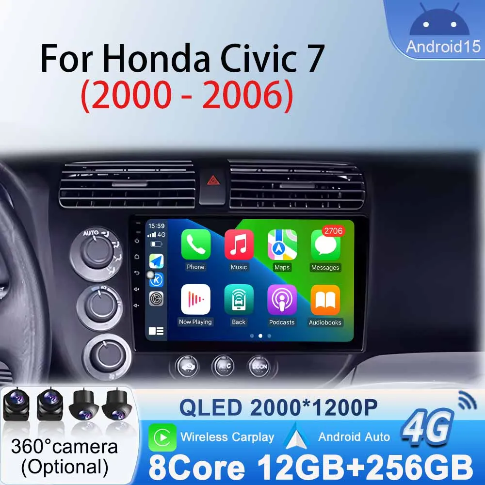 

2 Din Car Radio for Honda Civic 7 2000 - 2006 Stereo Multimedia Video Player Navigation WIFI GPS Head Unit Android 15 Bluetooth