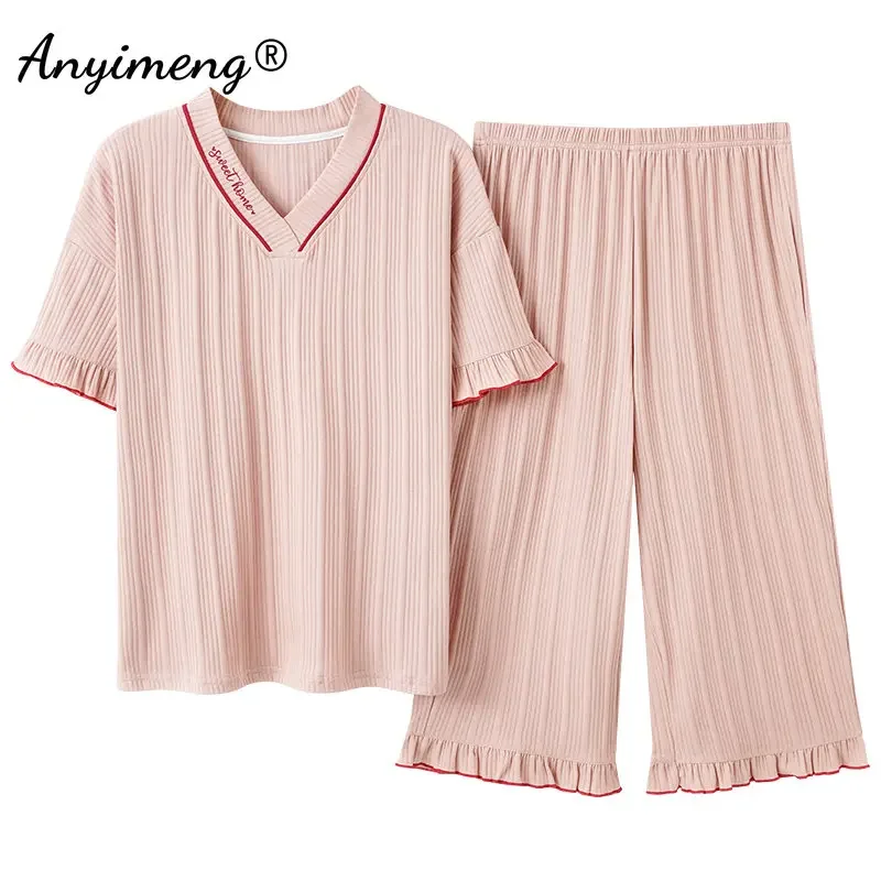 Summer Fashion Rabbit Printing 3XL Pink Sleepwear for Girls Soft Cotton Pajamas Women Pijama Short Sleeve Capri Pants Loungewear