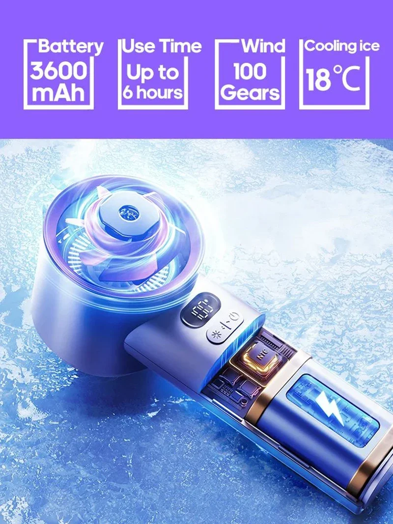 Portable 3600mAh Handheld Mini Fan Foldable Neck Hanging Fans USB Rechargeable Fan with Phone Stand and Display Screen