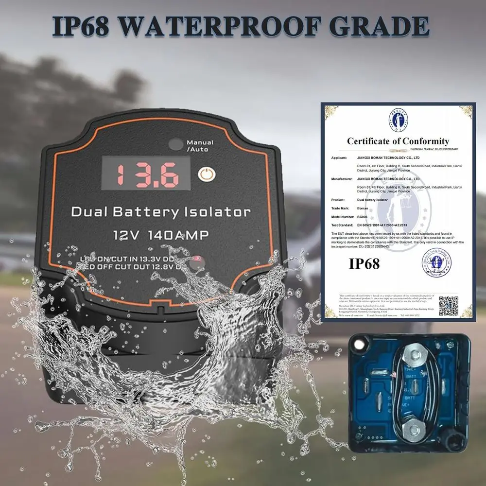 عازل بطارية 12 فولت مع طقم كابل 16.4 قدم 7AWG، طقم مرحل شحن سبليت 140 أمبير، مرحل تحسس الجهد، عازل ذكي تلقائي وات #4