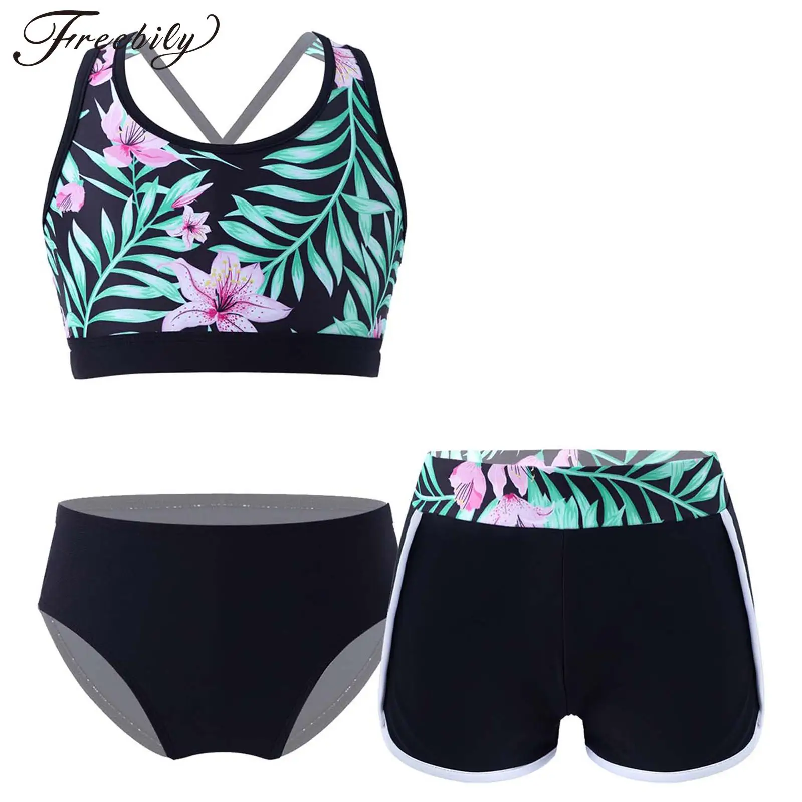 Teens Girls Print Swimwear Swimsuit Cross Straps Crop Tops with Shorts Briefs Set Beach Pool Water Park Bathing Suit Rash Guard