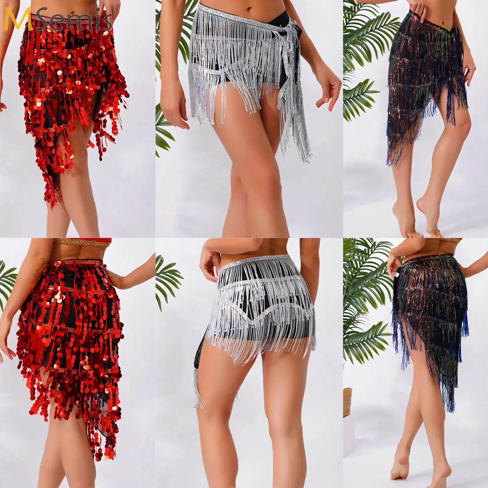 

Womens Latin Belly Dance Hip Scarf Sequin Tassel Fringe Triangle Waist Chain Lace-up Hip Skirt for Dance Class Stage Performance
