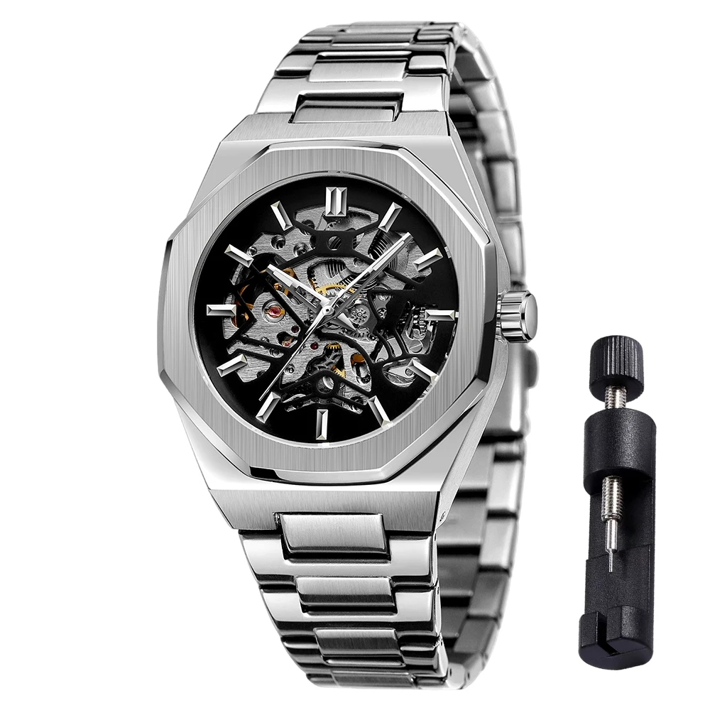 FORSINING Trendy Formal Business Men's Watches Skeleton Polygon Automatic Mechanical Watch Stainless Steel Casual Man Wristwatch