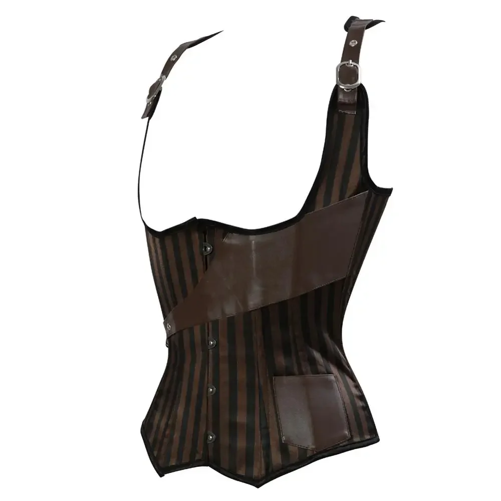 Womens Corset Steampunk Underbust Steel Boned Corsets Waist Trainer Strap Bustier Striped Corsage Masquerade Party Costumes