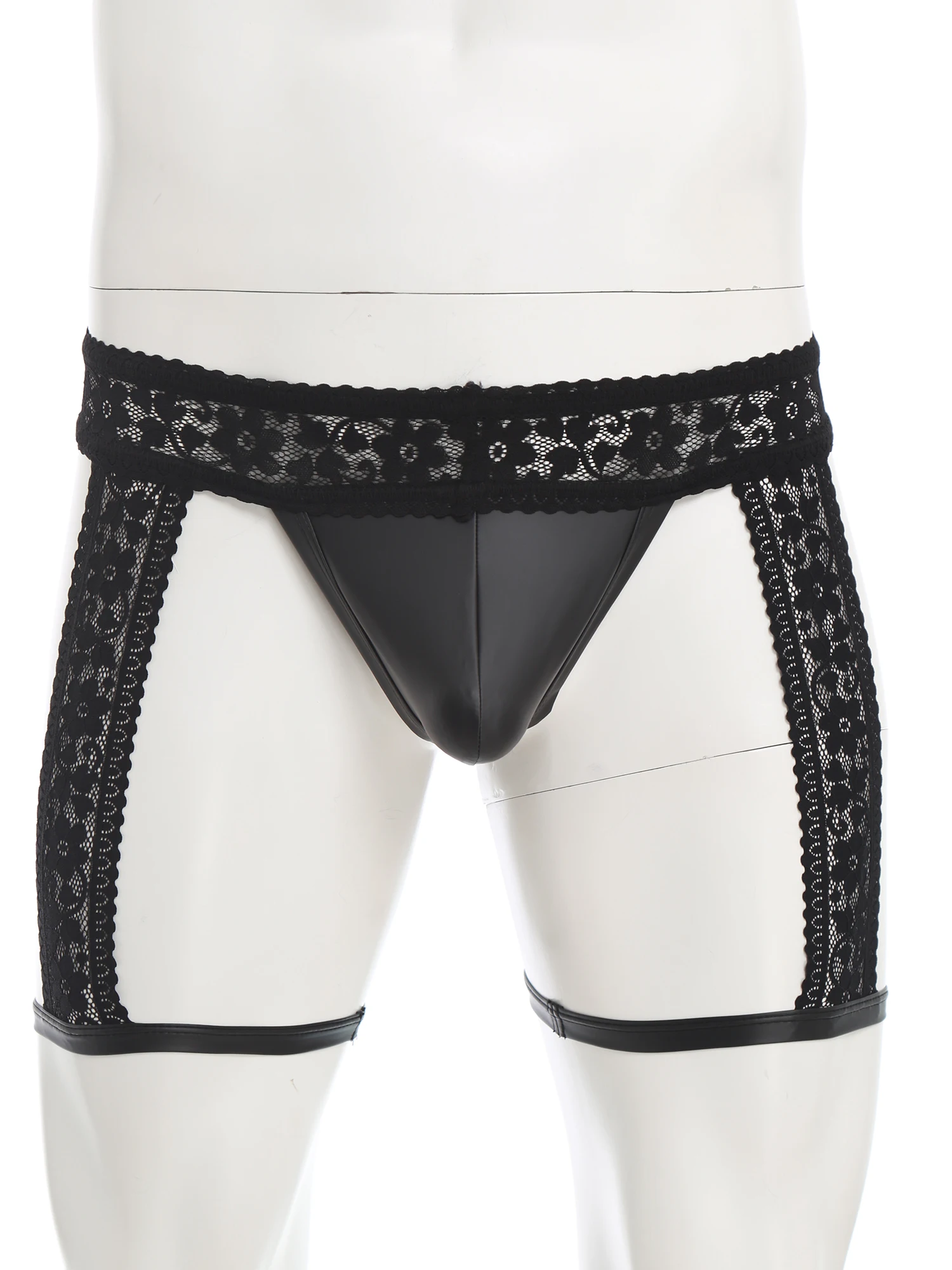 رجل سيسي انظر من خلال الدانتيل الملابس الداخلية بو الجلود الانتفاخ الحقيبة T-الظهر ثونغ مع الرباط العصابات الضيقة كروسدرسر حزام رياضي سراويل #2