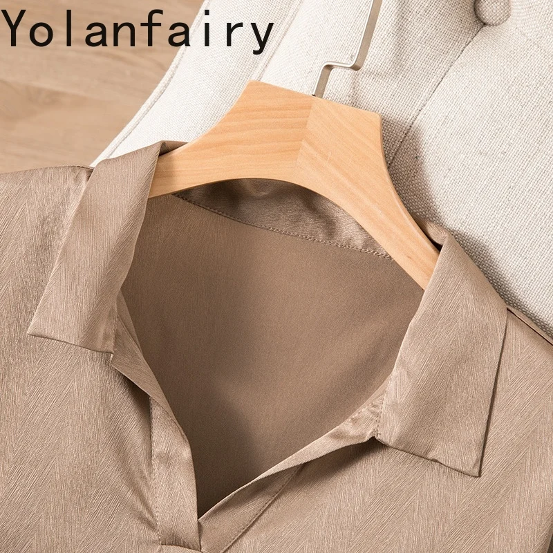 YOLANFAIRY 93% 멀 베리 실크 여름 블라우스 여성 스트레치 실크 헤링본 패턴 여성 탑 반소매 티셔츠 폴로 칼라