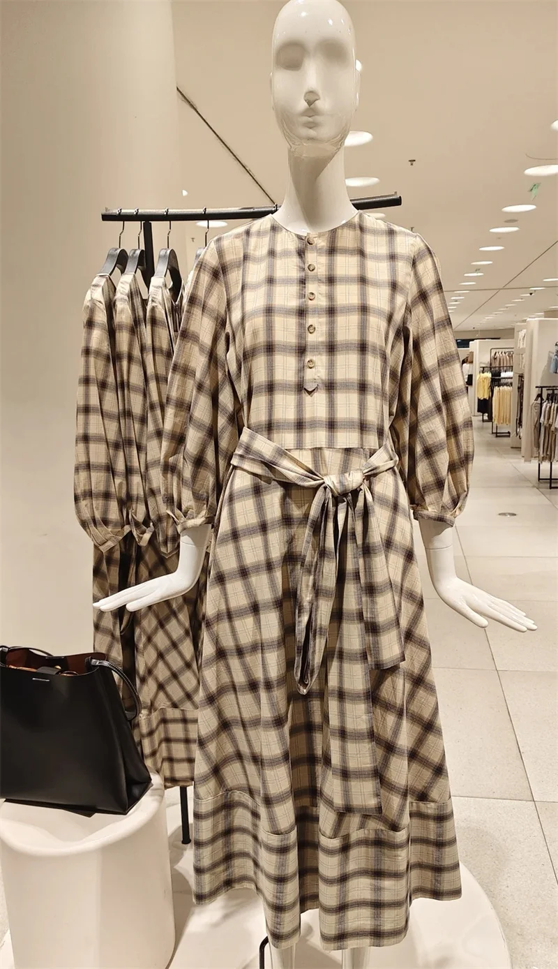 Women's Dress New Shirt Style Round Neck Waist Tied Plaid Puff Sleeve Midi Dress Elegant Casual Women's Wear