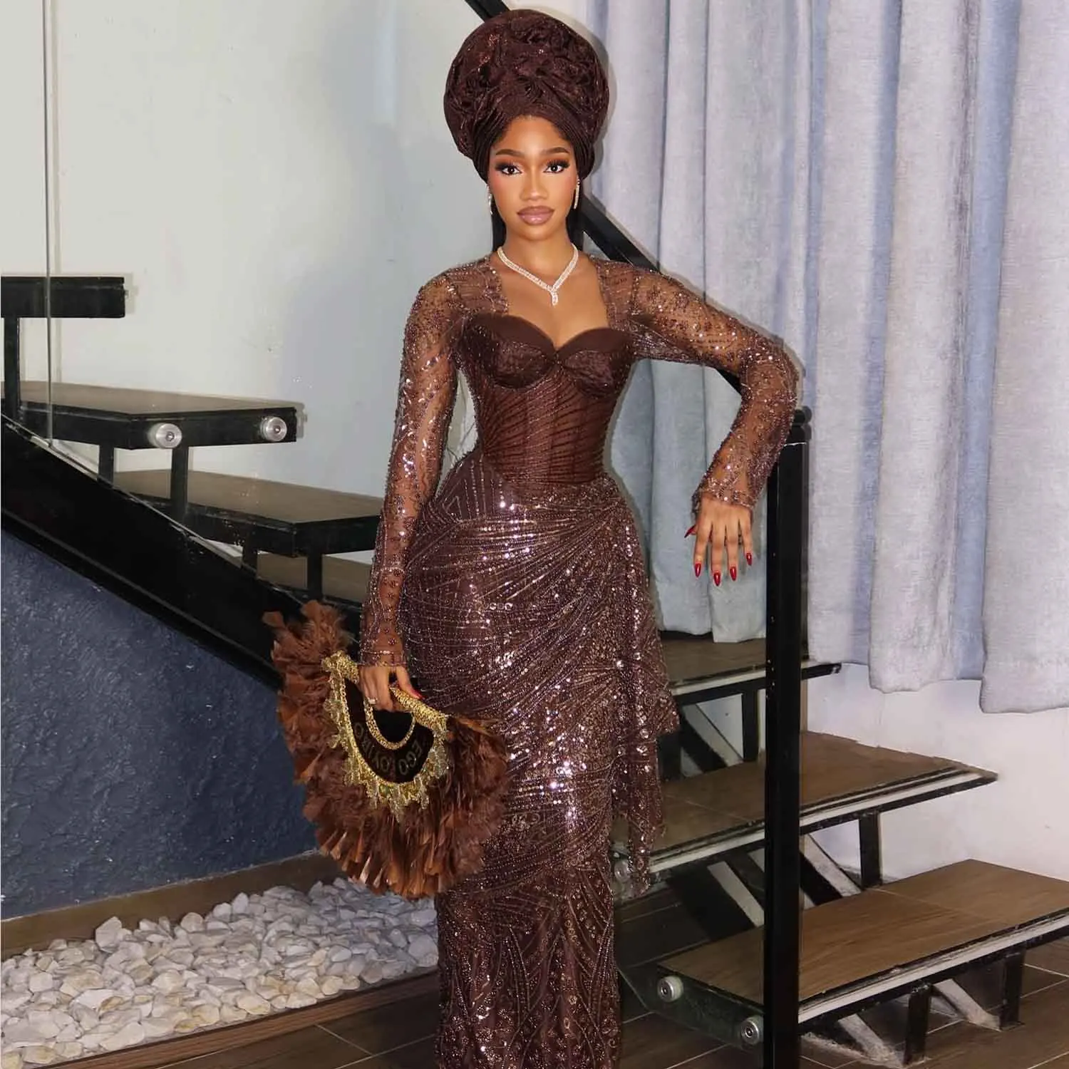 

Nigerian Brown Lace Birthday Dress Sparkly Sequins Beaded African Bridal Dress Customized Coco Aso Ebi Wedding Party Dresses